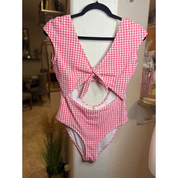 Jessica Simpson Women's Bow Cap Sleeve One-Piece Swimsuit, Pink, S - Picture 2 of 5